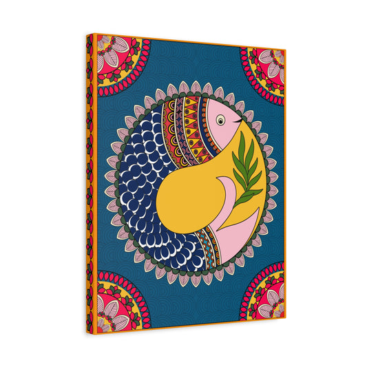 16 x 20" Vibrant Madhubani Fish Motif Canvas Wall Art