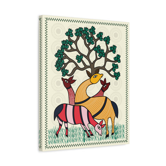 Graceful Harmony: 16 x 20" Madhubani Inspired Deer Canvas Wall Art